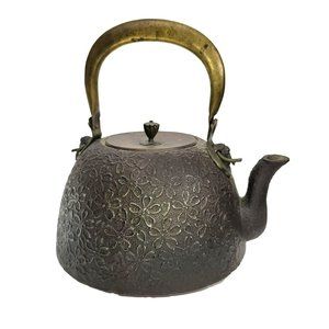 Japanese Cast Iron Teapot Antique Tetsubin Floral Brass Handle HEAVY CT404